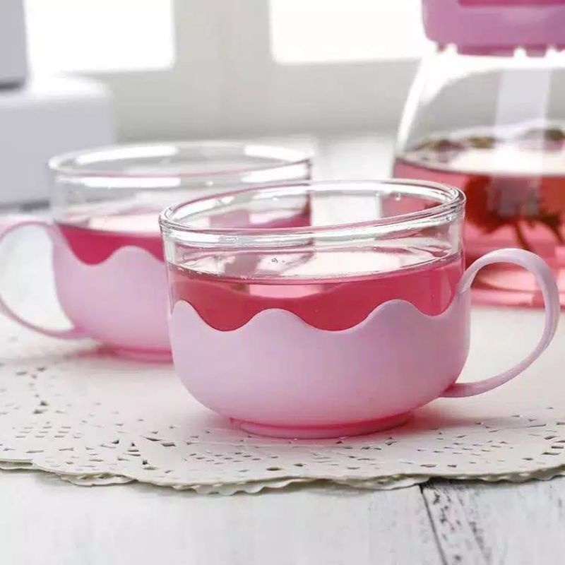 (PROMO) Teapot Warna Set 5in1 / Teko Set Gelas Kaca FREE BUBBLE / Tea Pot Warna / Kado Souvernir