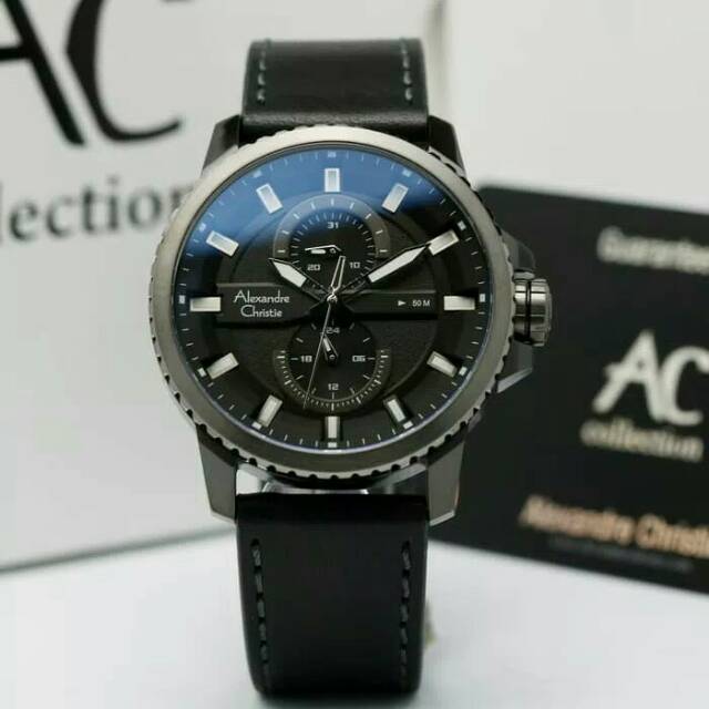 JAM TANGAN PRIA / COWOK ALEXANDRE CHRISTIE FULL BLACK TALI KULIT ORIGINAL - HITAM AC 6507 LAKI