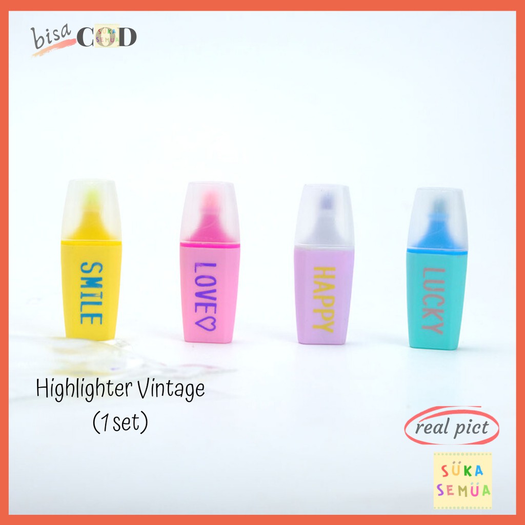 

Highlighter Vintage : Smile Love Happy Lucky 1 Set // Textliner Stabilo Spidol Marker Pastel - COD