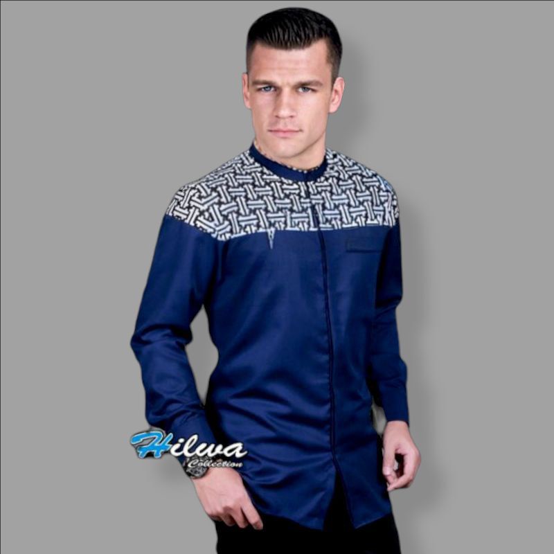 Baju Koko Muslim Original Hilwa Collection Motif Falcon Warna Navy Kombinasi Batik Lengan Panjang Be