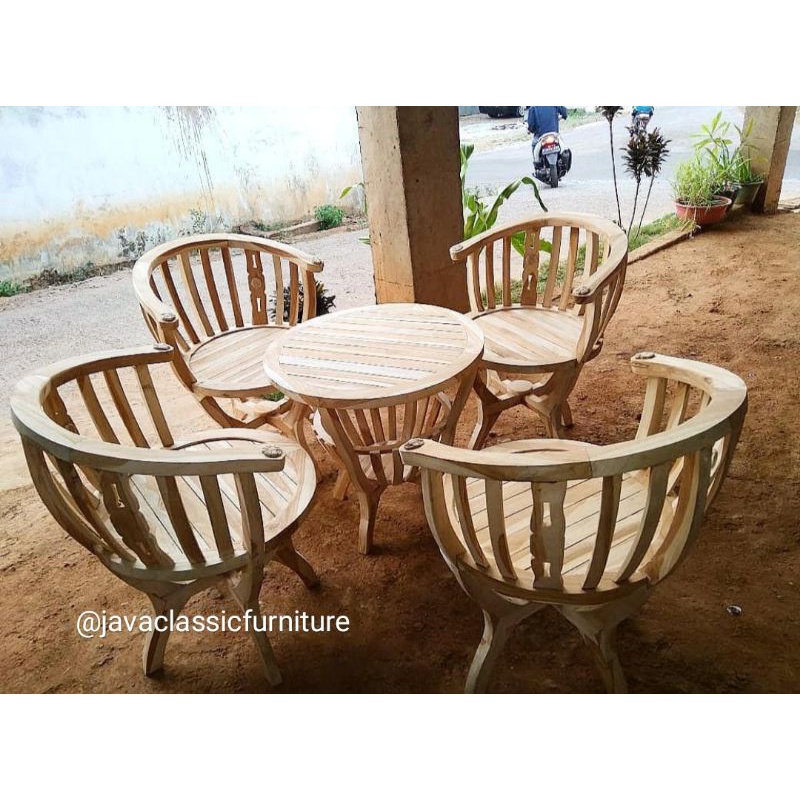 KURSI TERAS MANGKOK 1 SET MURAH KURSI TAMU BETAWI BAHAN KAYU JATI FURNITURE JEPARA-Kursi 4+meja mentah