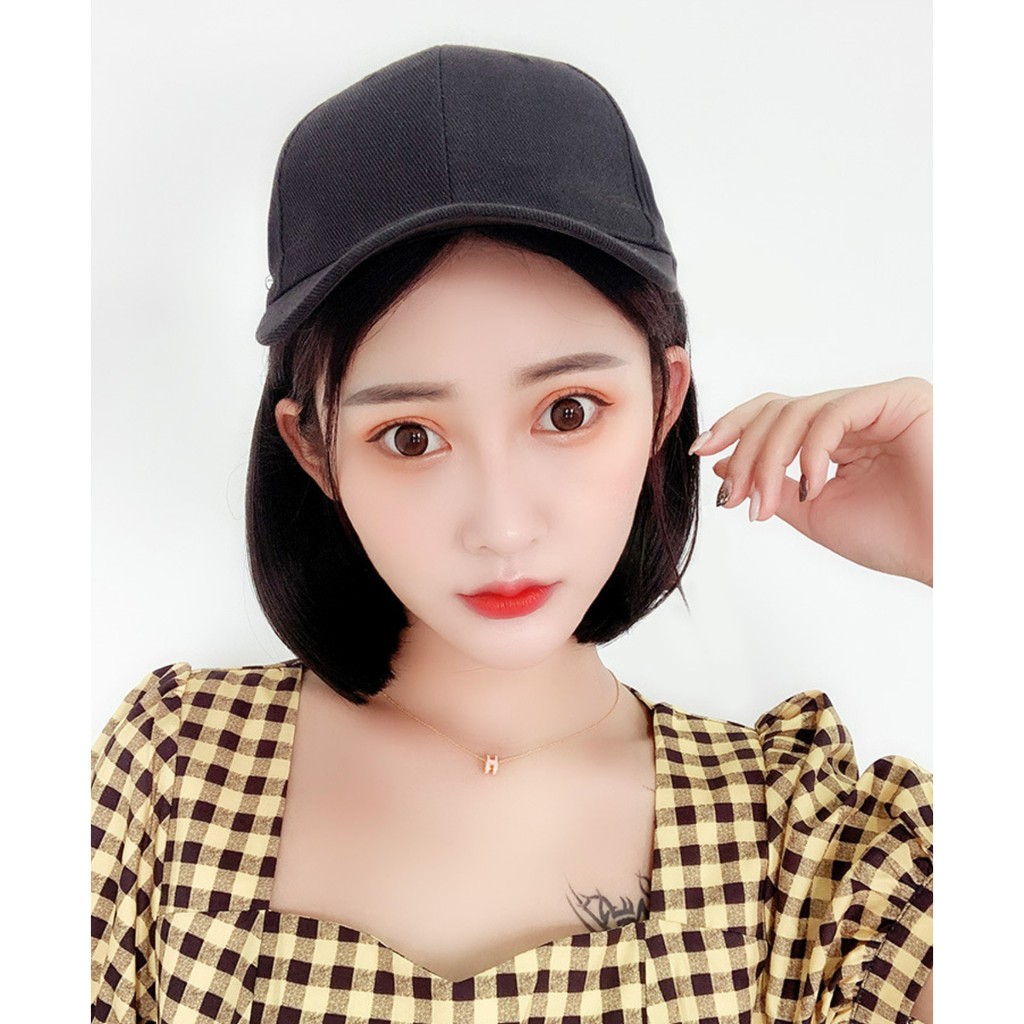 HTB wig topi baseball wig hat rambut palsu 25 cm hair extension lurus bob pendek