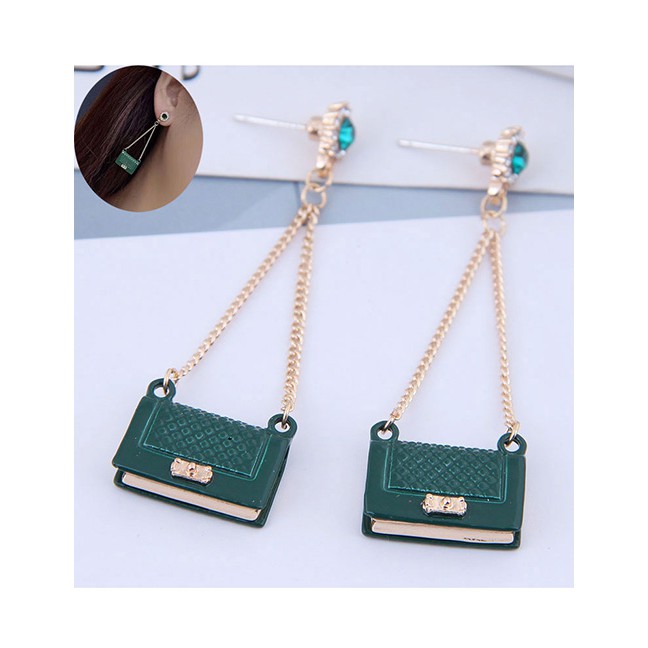 LRC Anting Tusuk Fashion Green Long Studded Earrings With Diamonds A60428