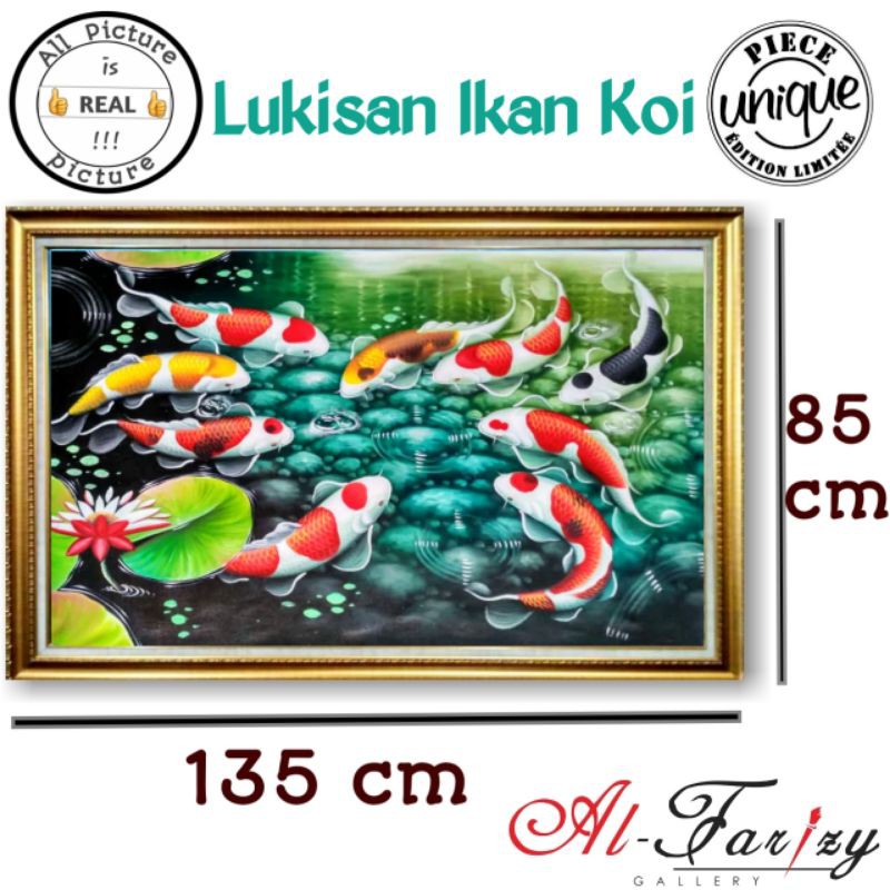 Lukisan Ikan Koi Fengshui 9 Ekor Unik Minimalis Kanvas Ukuran 135x85 cm Tanpa Pigura