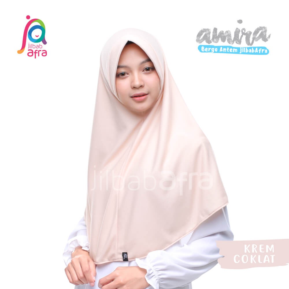 Jilbab Amira Krem Coklat - Bergo Pet Antem - Jilbab Afra - Hijab Instan Bahan Kaos, Adem &amp; Lembut