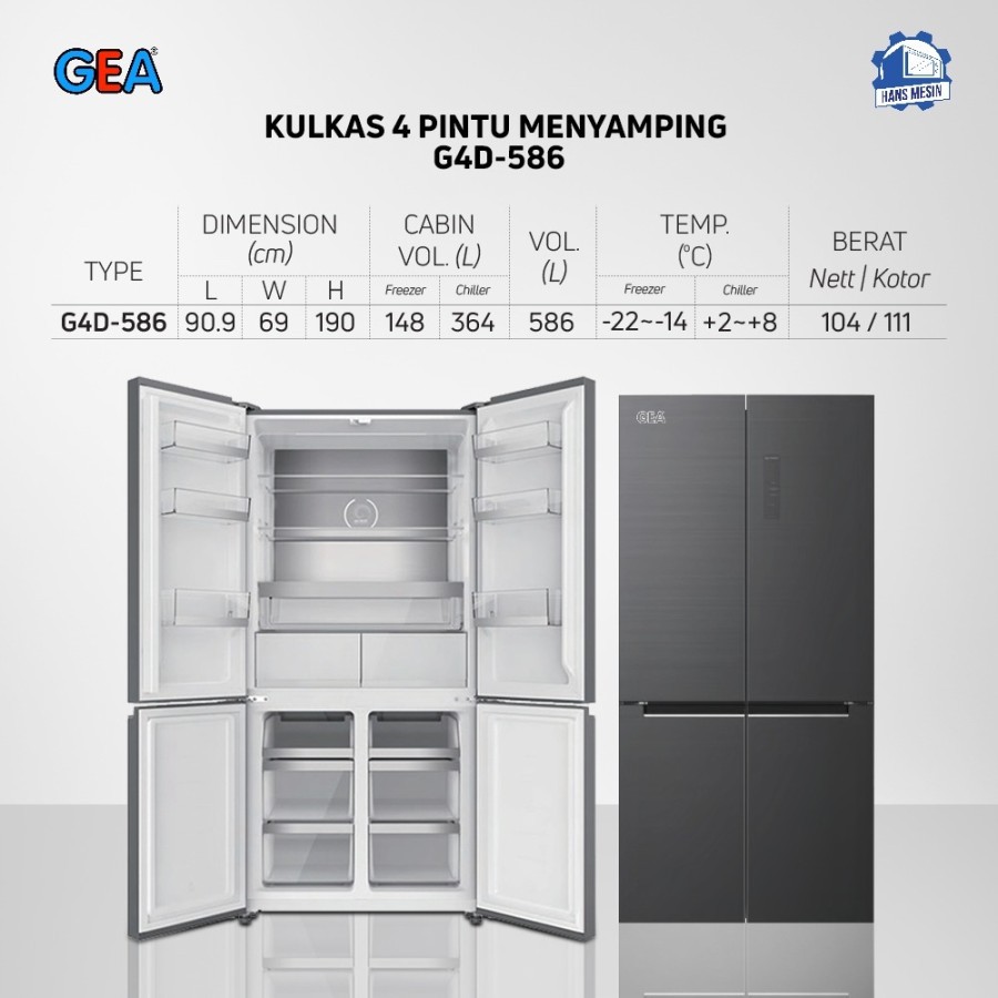 Lemari Es GEA G4D-586 Side By Side 568Liter / Kulkas 4 Pintu GEA G4D586 / Black Glass / Black Inox