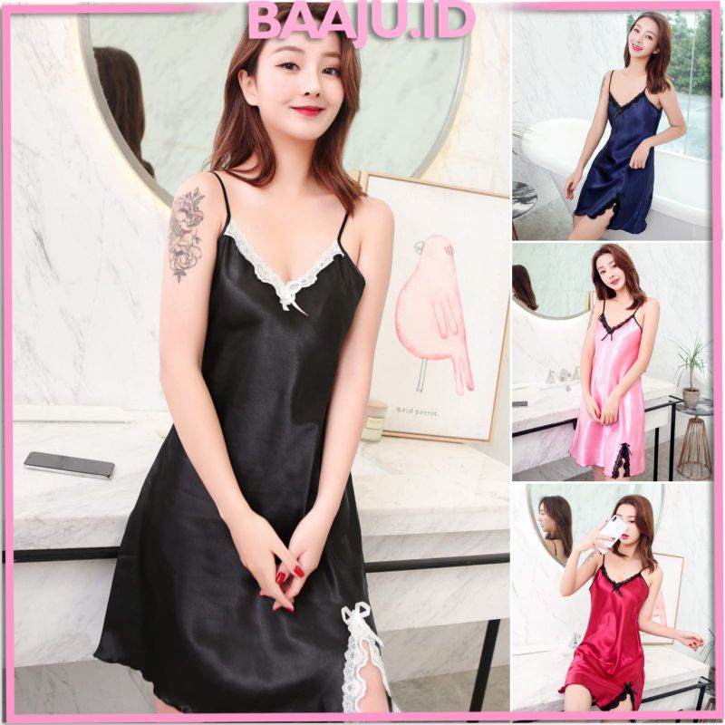 BAAJUID Daster Satin Sexy | Baju Tidur Wanita Sexy | Lingerie Sexy &amp; Elegan Bahan Satin | Gaun Malam | Baju Haram | Baju Dinas Malam