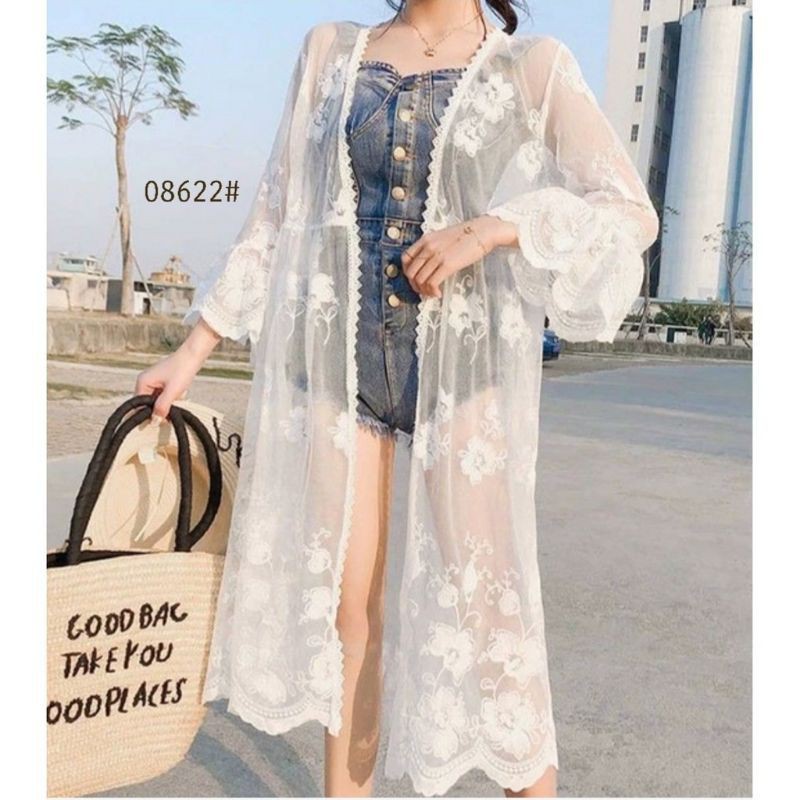 Anita Lace Outer Panjang Transparan Outwear Pantai Motif Bunga Cantik Summer Import Murah Best Selle