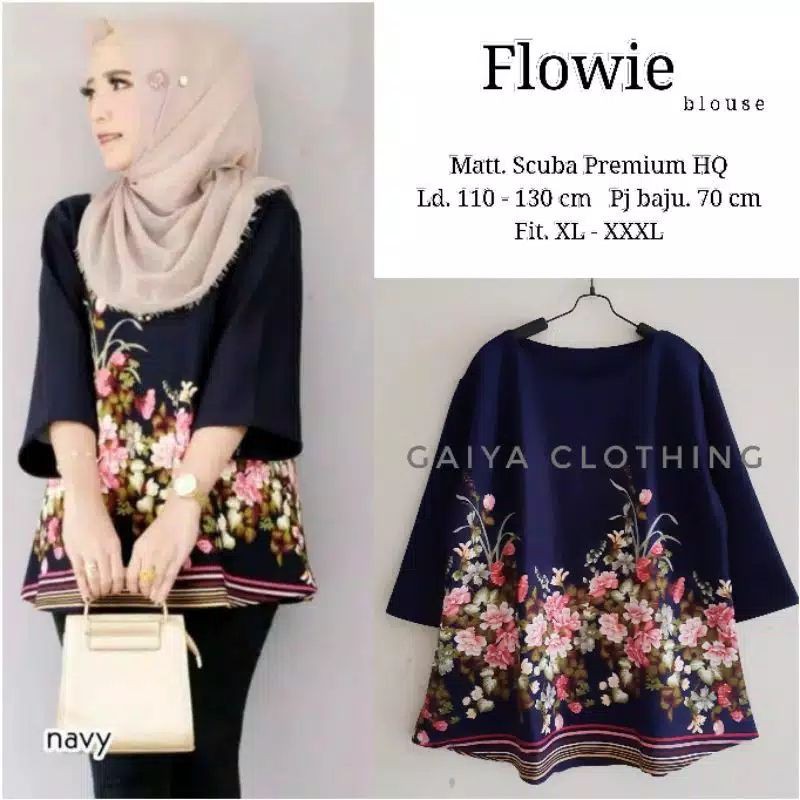 FREE ONGKIR BLOUSE ATASAN JUMBO SCUBA WANITA MOTIF BUNGA - FLOWIE BLOUSE