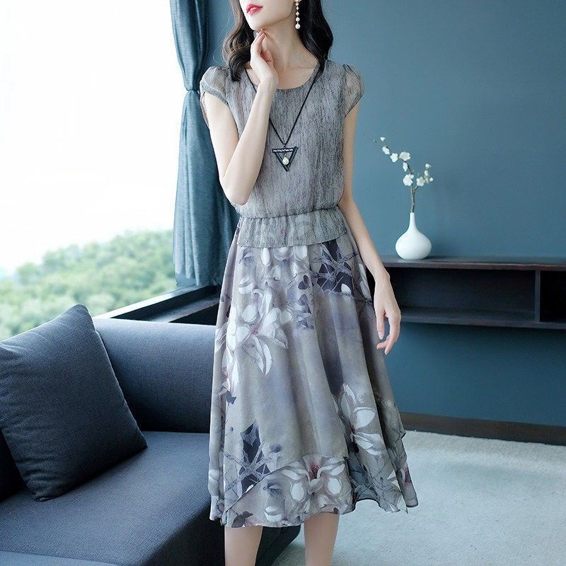 Dress korea gaun rok rok A Line b rok sifon rok motif