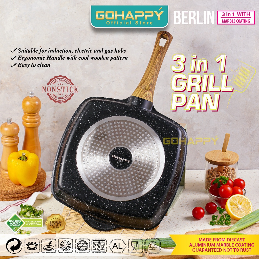 Everlux Gohappy Grill Pan Panci Fry Pan 3 in 1 GHB03 MARBLE BERLIN Alat Panggang marble 3 sekat devide