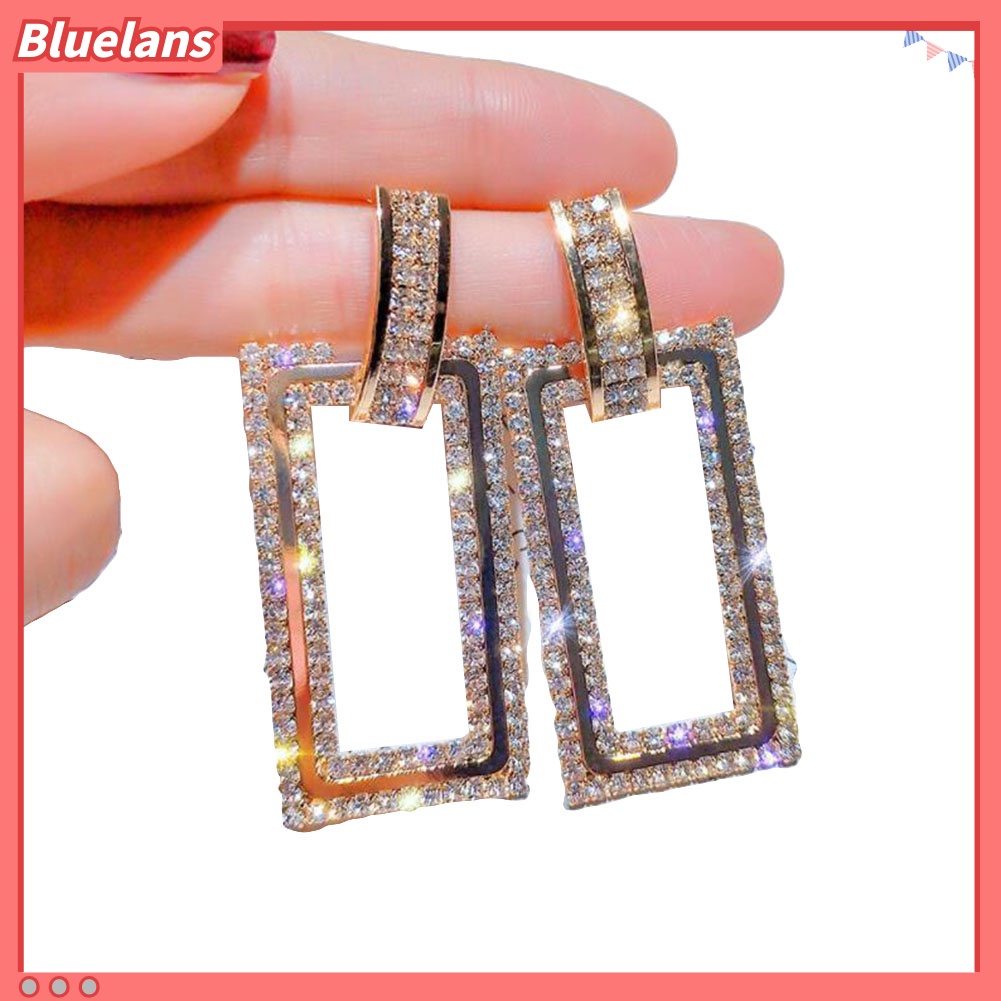 Bluelans Women Rhinestone Inlaid Hollow Rectangle Dangle Ear Stud Earrings Jewelry Gift