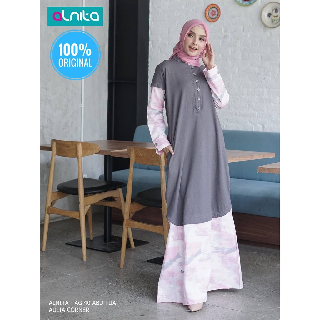 Grosir Baju Gamis Alnita AG 40 Abu Tua Muda ORIGINAL Baju Muslimah Gamis Terbaru