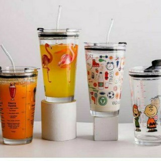 H482 Tumbler Kaca  Motif Animal  Sedotan Beling Glass 