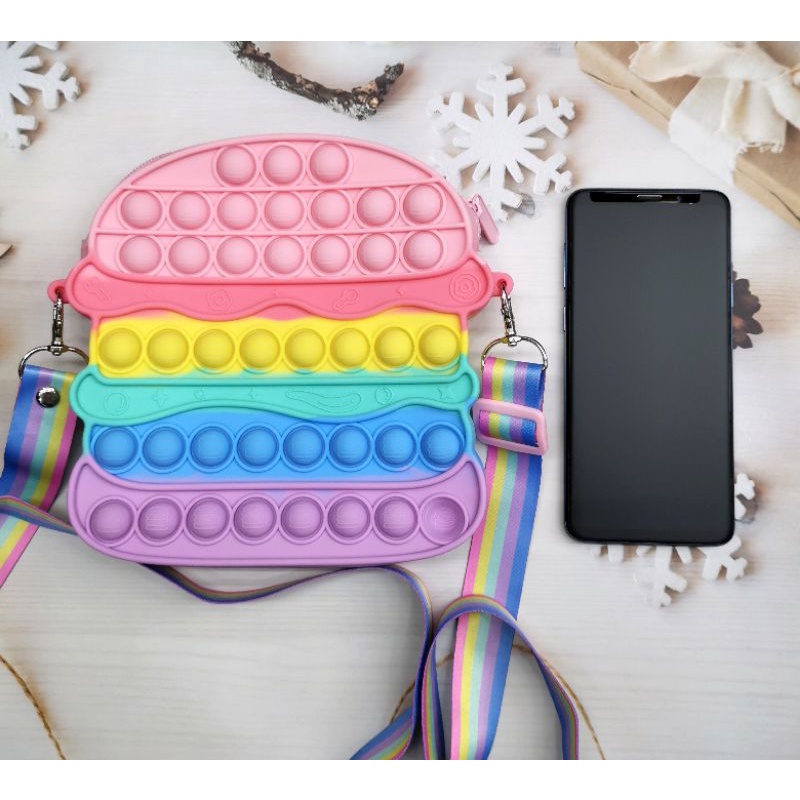 Tas selempang anak POP IT jumbo BURGER silikon rainbow macaron