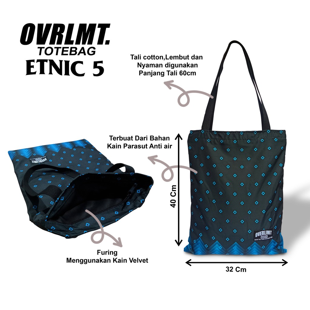 Tas Totebag OVERLIMIT Etnic Desain 5 Tote Bag Resleting Serba Guna / Totbag Distro Tas Tootbag Casual Tot Bag Motif Bahan Parasut