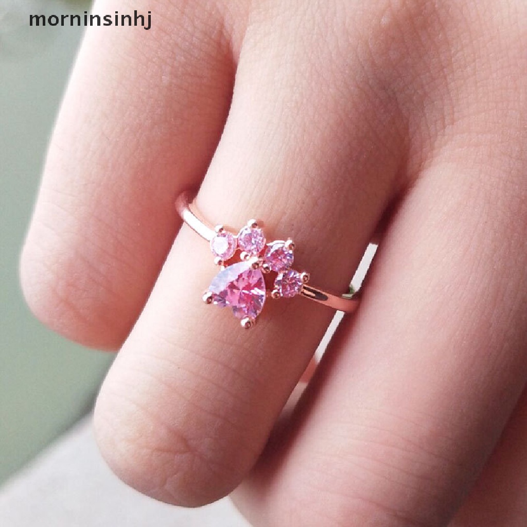 Mornin Cincin Tunangan Desain Cakar Kucing Hias Kristal Zircon Pink Untuk Wanita