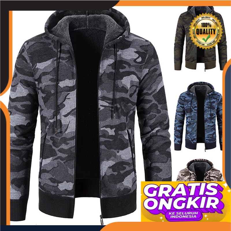 Cardigan Ritsleting Hooded Menebal Bulu Berlapis   Pria Sweater Pria Korea Kamuflase Dicetak Longgar