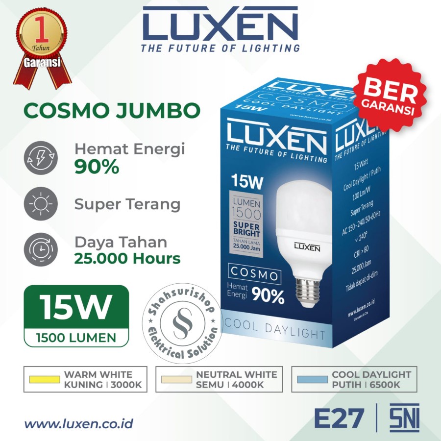 LUXEN LAMPU LED BULB MURAH 15W 15 W JUMBO COSMO GARANSI 1 TAHUN