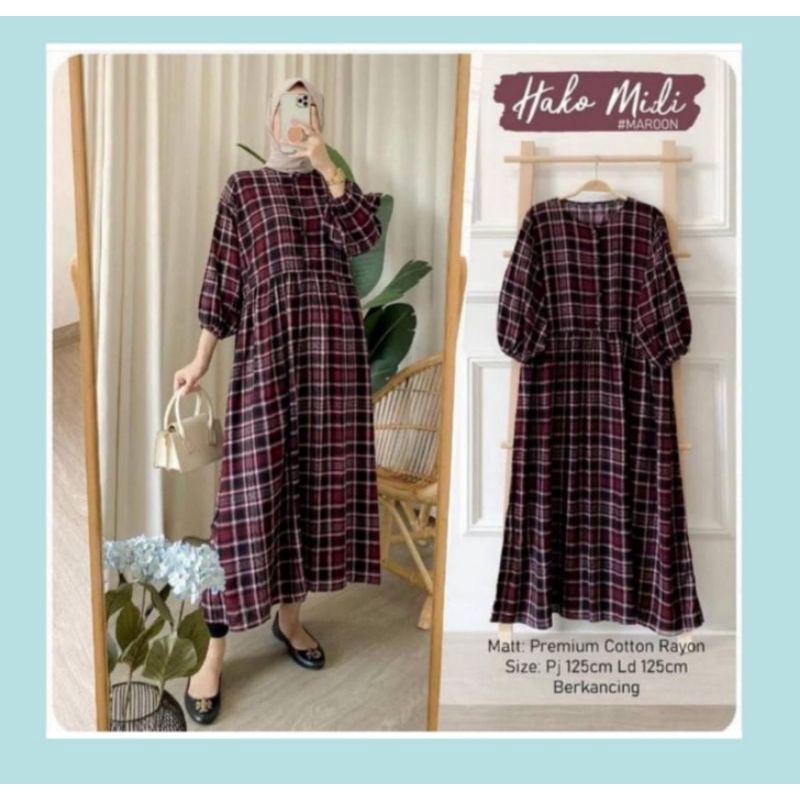 HAKO MIDI DRESS / MIDI DRESS MOTIF KOTAK / MIDI DRESS TERBARU /MIDI DRESS TERMURAH /MIDI DRESS TERLA
