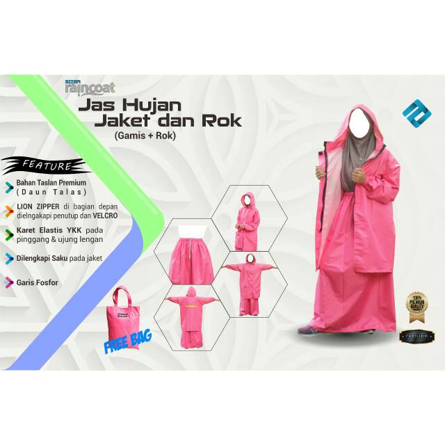 Jas Hujan muslimah Jaket Rok bahan taslan daun talas Exclusive azzam raincoat