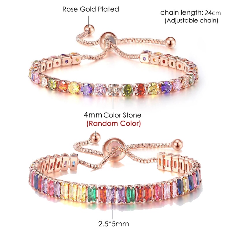 Gelang Rantai Adjustable Bahan Zirkon Warna Pelangi Untuk Wanita