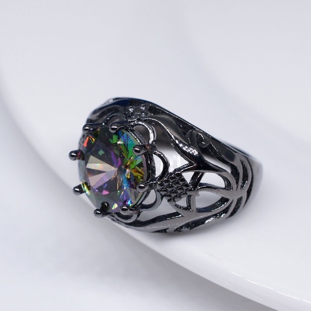 Cincin Batu Natural Mystic Quartz Rainbow Pelangi Ring Black Platted Klasik