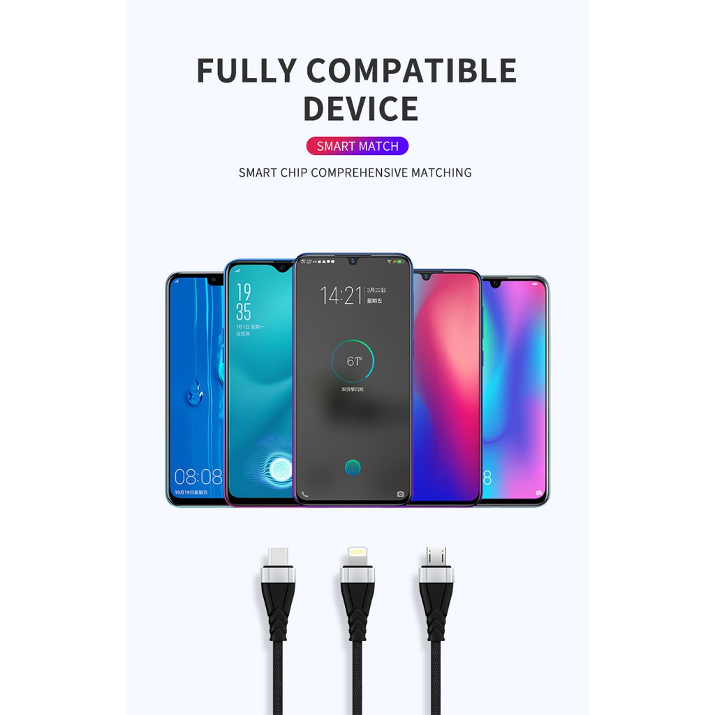 Kivee Kabel 3-IN-1 Android Micro USB Type-C IOS Apple Fast Charging Samsung Iphone 1.2 Meter