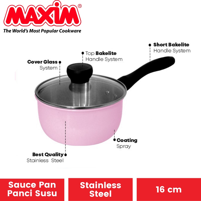 Panci Susu Maxim Colouris Sauce Pan 16 cm + Tutup Kaca | Panci Masak Mie Saucepan Stainless Steel