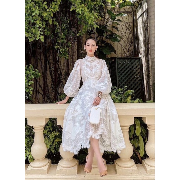 White Lace Midi Dress Pesta Brokat Putih