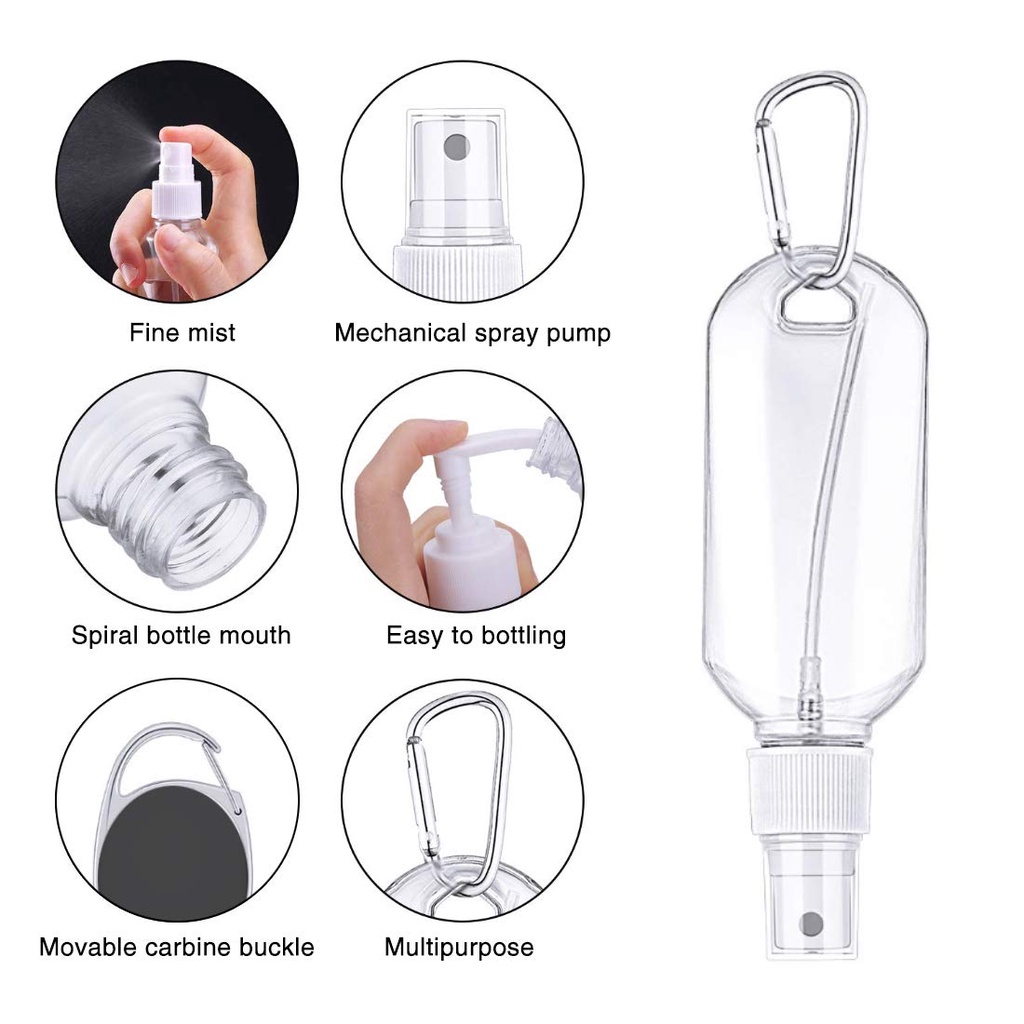 30ml/50ml Portable Travel Spray Bottles with Keychain /Leakproof Refillable Empty Bottles Hand Sanitizer Containers with Carabiner Keychain Flip Cap Squeezable Bottles for Outdoor