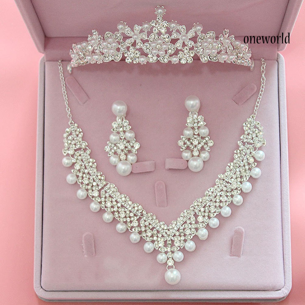 OW@ Women Faux Pearl Rhinestone Pendant Necklace Earrings Crown Tiara Jewelry Set