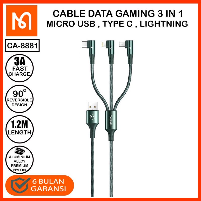 MCDODO CA-888 Cable Gaming 90° 3 In 1 Type C + Lightning + Micro Usb 3A