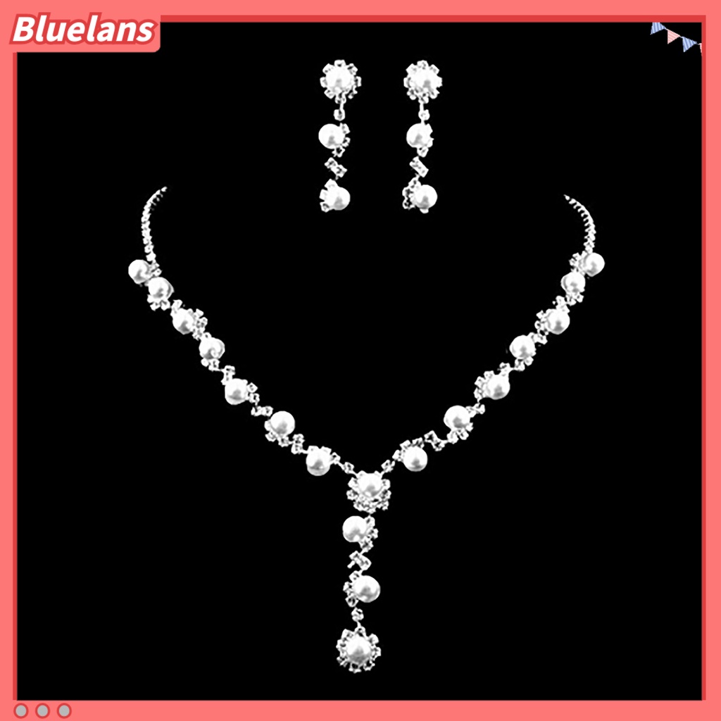 Bluelans 3Pcs Necklace Jewelry Set Faux Pearls Decorations Anniversary Gift Rhinestone Choker Necklace Dangle Earrings Set