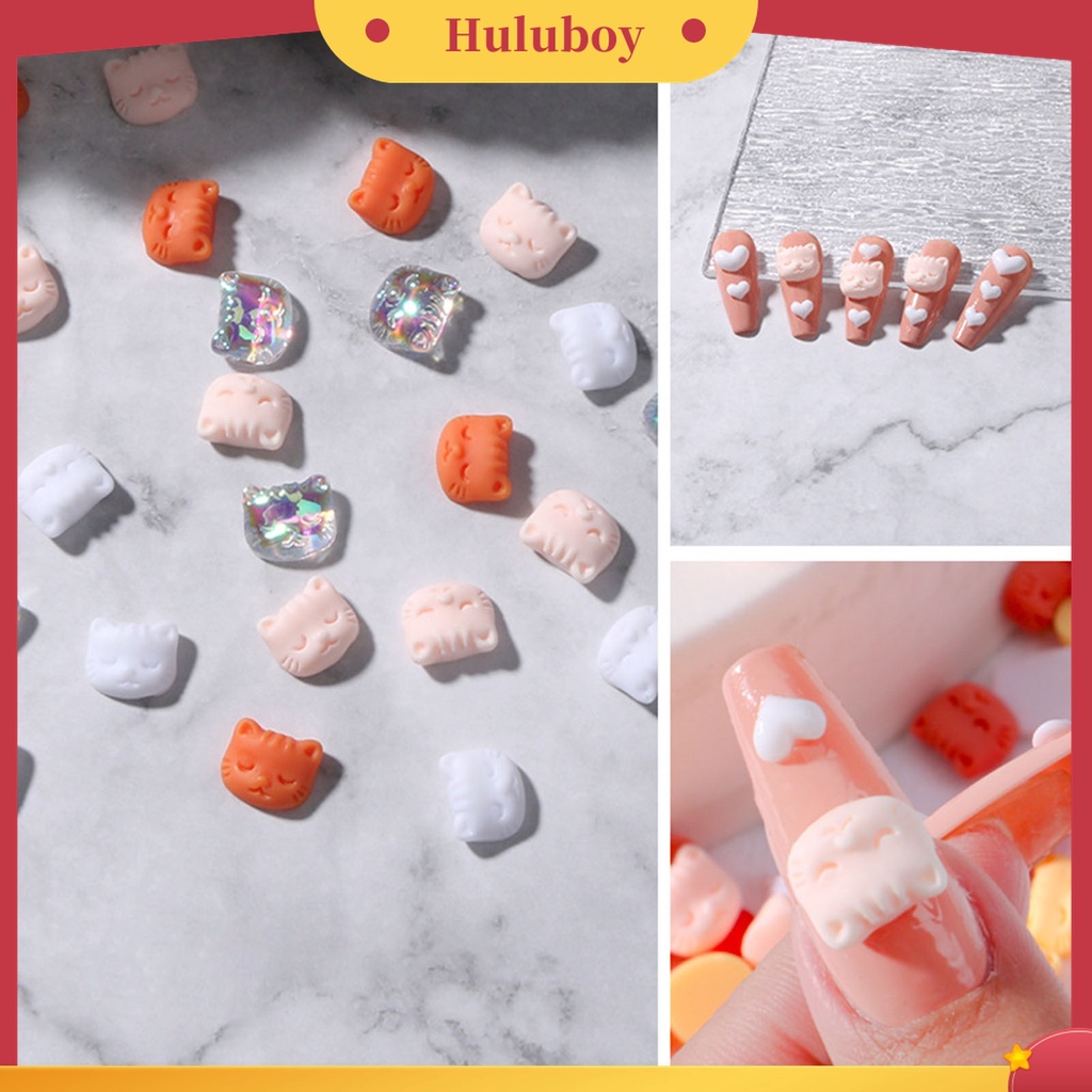Huluboy Huluboy♡ 30 Pcs / Set Ornamen Kuku Efek 3D Bentuk Kepala Kucing Aksen Berlian Warna-Warni Untuk Wanita