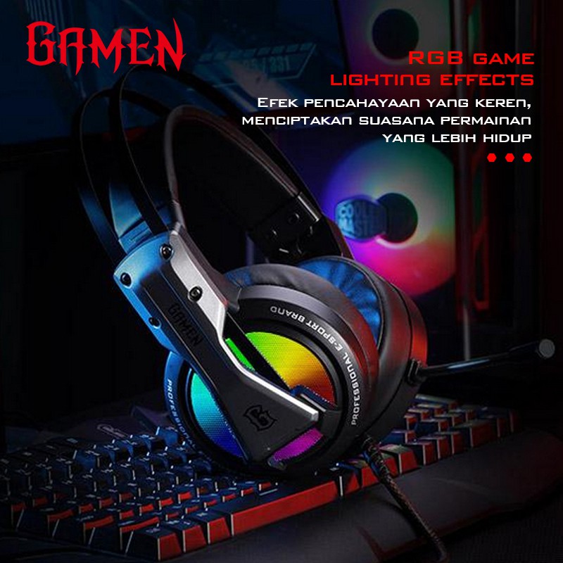 GAMEN GH1500 3.5mm Audio Jack Input RGB LED Light Braided Wire Gaming Headset Black-Garansi