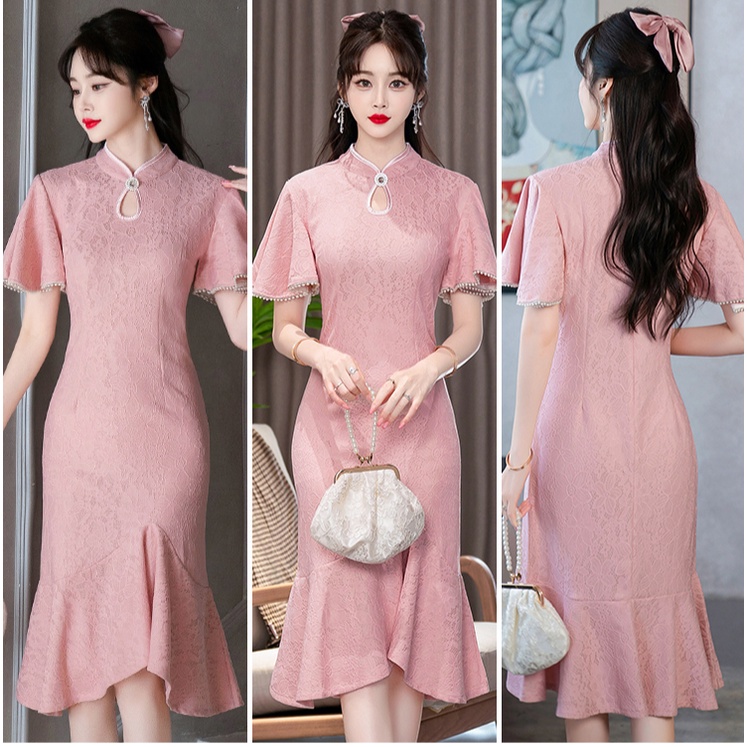 Chinese Traditional Clothing Women Short Sleeve Lace Red Pink Apricot Elegant Wedding Cheongsam Dress Fishtail Hip Midi Dresses Casual Party Summer Qipao Toasting Clothes