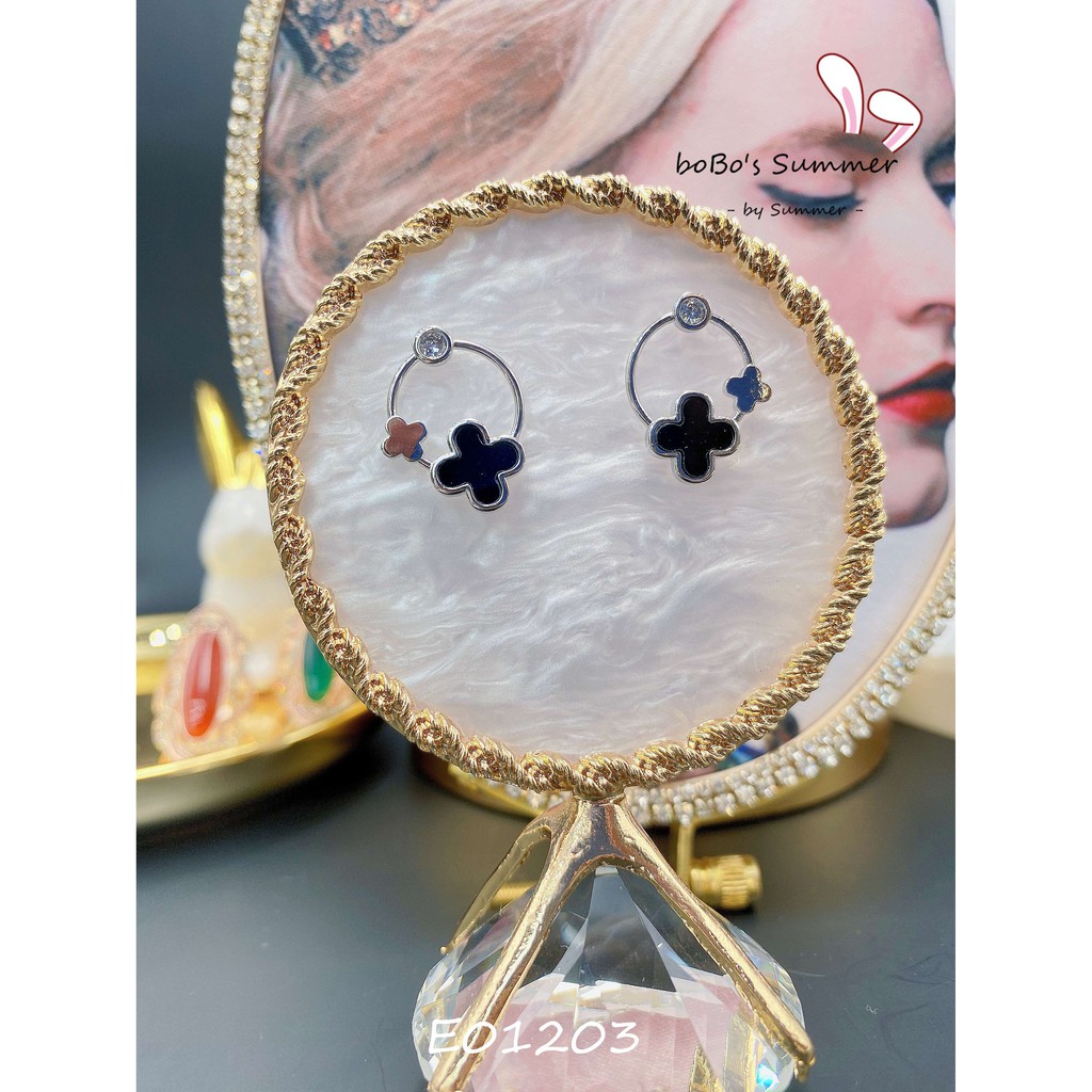 Anting Clover Hitam Tusuk Silver 925 Aksesoris Pesta Premium