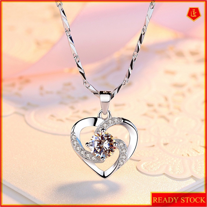 [Ready Stock]Fashion Heart-Shaped Pendant 925 Silver-Plated Diamond Sapphire Necklace