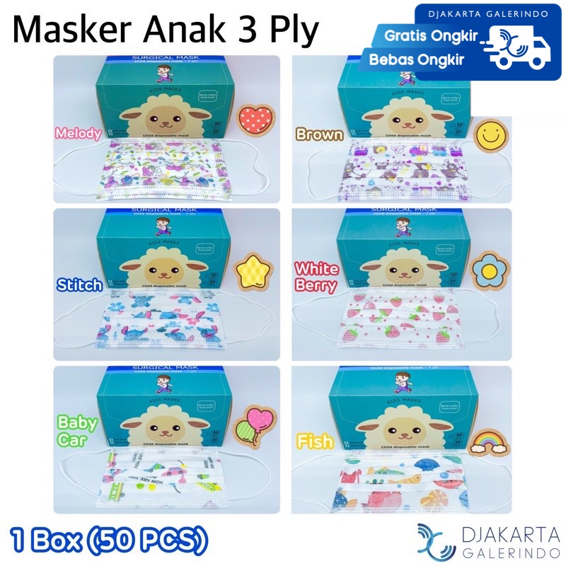 Masker Anak 3Ply Motif Headloop &amp; Earloop isi 50 Pcs