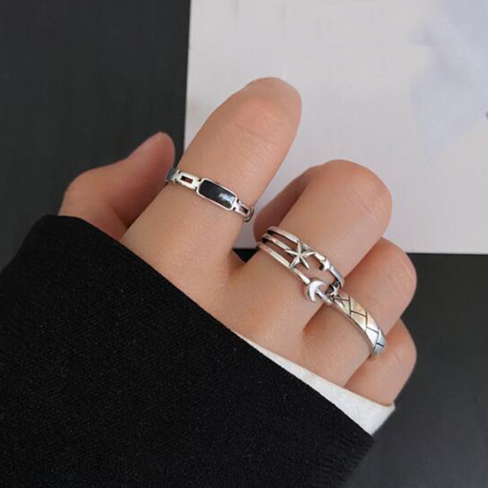 3pcs / Set Cincin Model Terbuka Bahan Metal Desain Geometri / Bulan / Bintang Adjustable Untuk Wanita