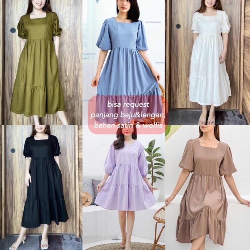 [ S-XXXXXL ] Byeol Dress Lengan Balon Midi Korea Casual Wanita Jumbo Kekinian Dinar Dress Vintage Te