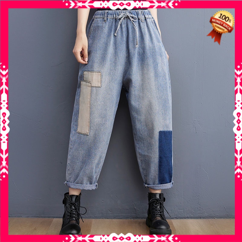 Celana Highwaist Wanita Jeans New Spring Autumn Arts Style Women Elastic Waist Vintage Blue Cotton D