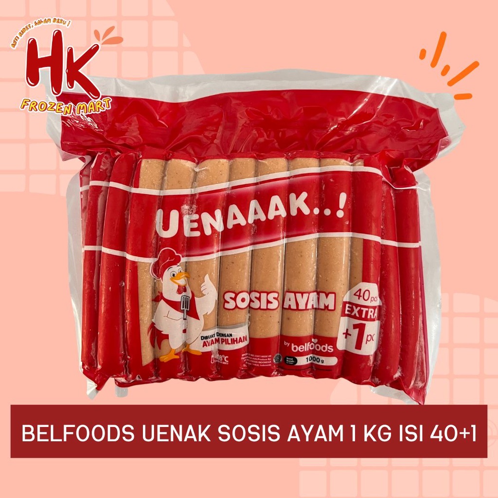 

Belfoods Sosis Ayam 1kg isi 40+1 btg (uenaaak chicken sausages 1000gr uenak) / HK Frozen Mart