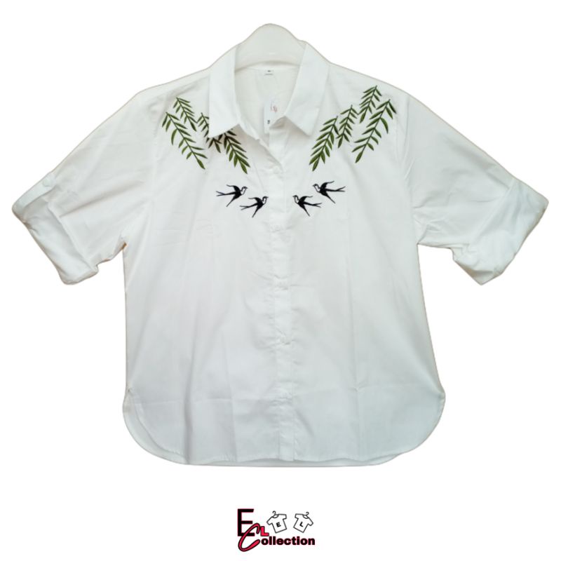 Kemeja Wanita Lengan Panjang Motif Daun Burung