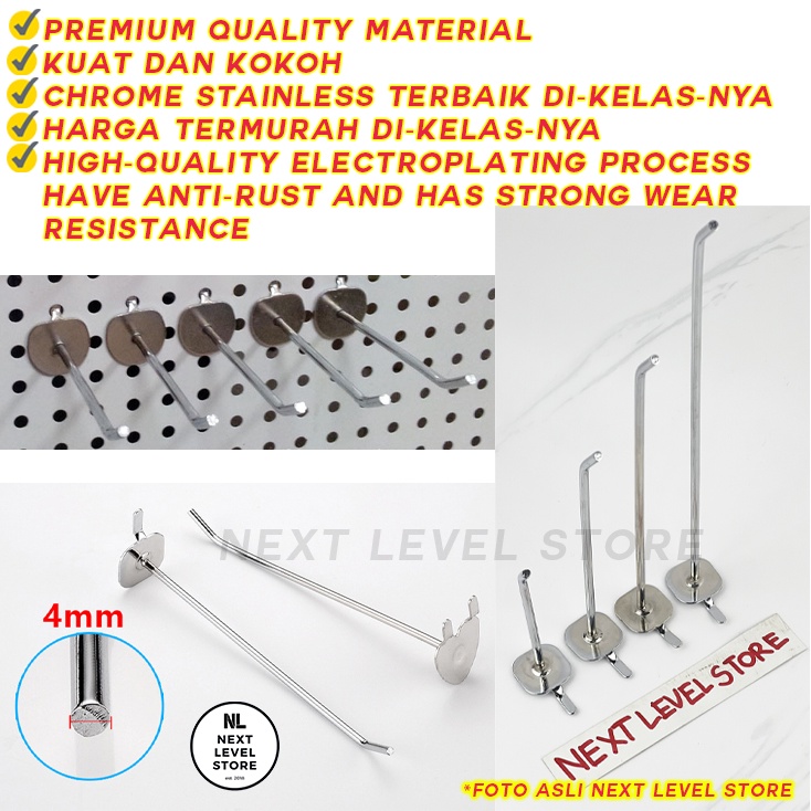 Single Hole Hook 5 10 15 20 25 CM Chrome Stainless Ram Papan Pegboard Lubang Besi Tebal 4mm Cantolan