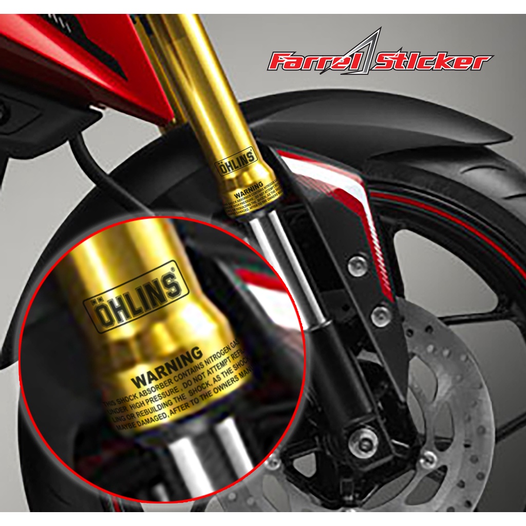 sticker shock depan stiker ohlins plus warning mini shock upside down