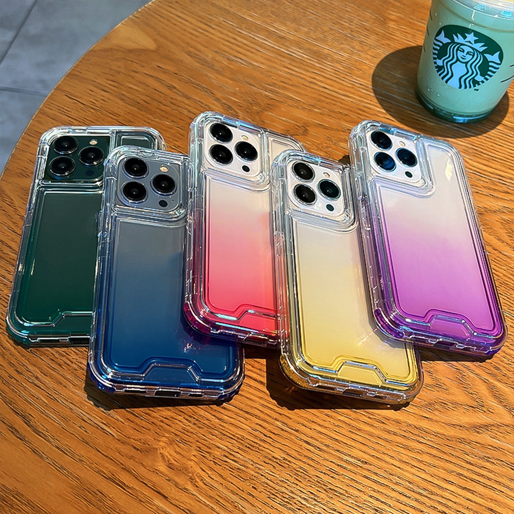 3 IN 1 Case Pelindung Tahan Banting Warna Gradasi Untuk iPhone 11 12 13 14 Pro MAX
