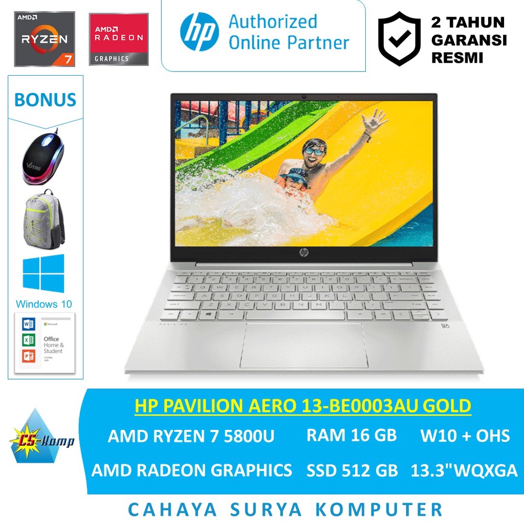 HP Pavilion Aero 13-BE0003AU Gold | AMD Ryzen™ 7 5800U |RAM 16GB |SSD 512GB | AMD Radeon™ Graphics |