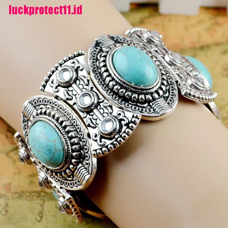 (LUCK) Gelang Tangan Silver Gaya Boho Vintage Retro Aksen Batu Turquoise Tibet Untuk Wanita